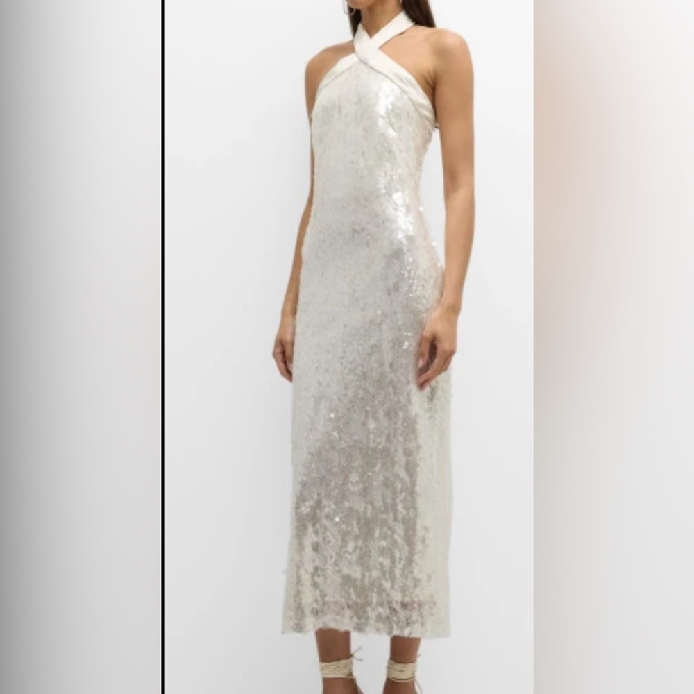Shoshanna Ivory Sequin Cross-Neck Midi Dress